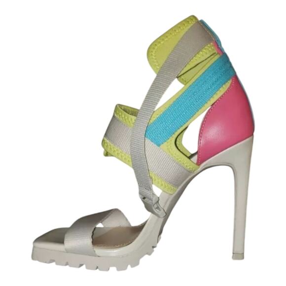 STEVE MADDEN Vibing Vegan Leather Sandal In Multi Square TOE PINK YELLOW 7.5 NEW - Picture 6 of 11